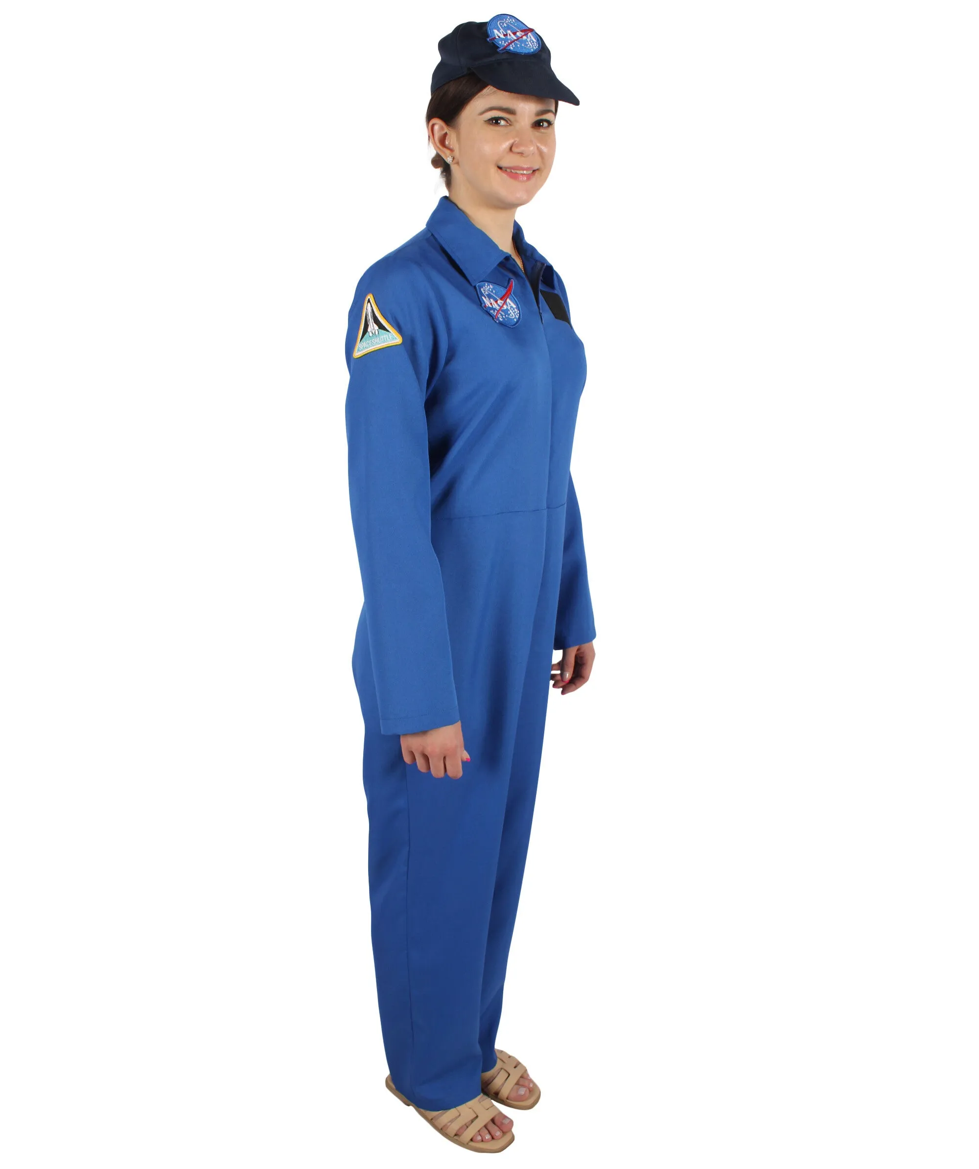 HPO Adult Women's Blue Astronaut Jumpsuit Costume with Cap | Perfect for Halloween | Flame-retardant Synthetic Fabric