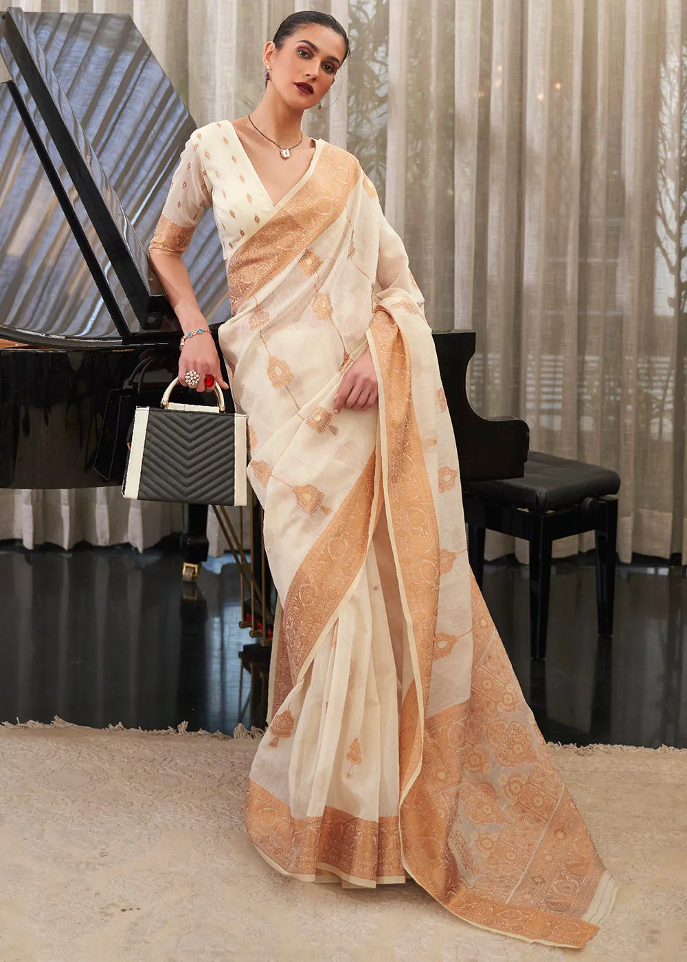 Ivory White Copper Zari Woven Linen Silk Saree