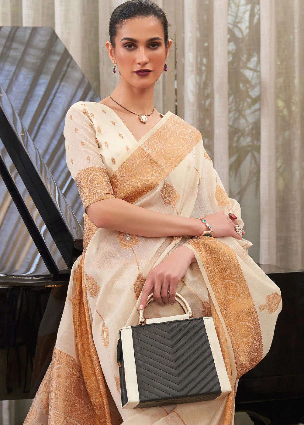 Ivory White Copper Zari Woven Linen Silk Saree