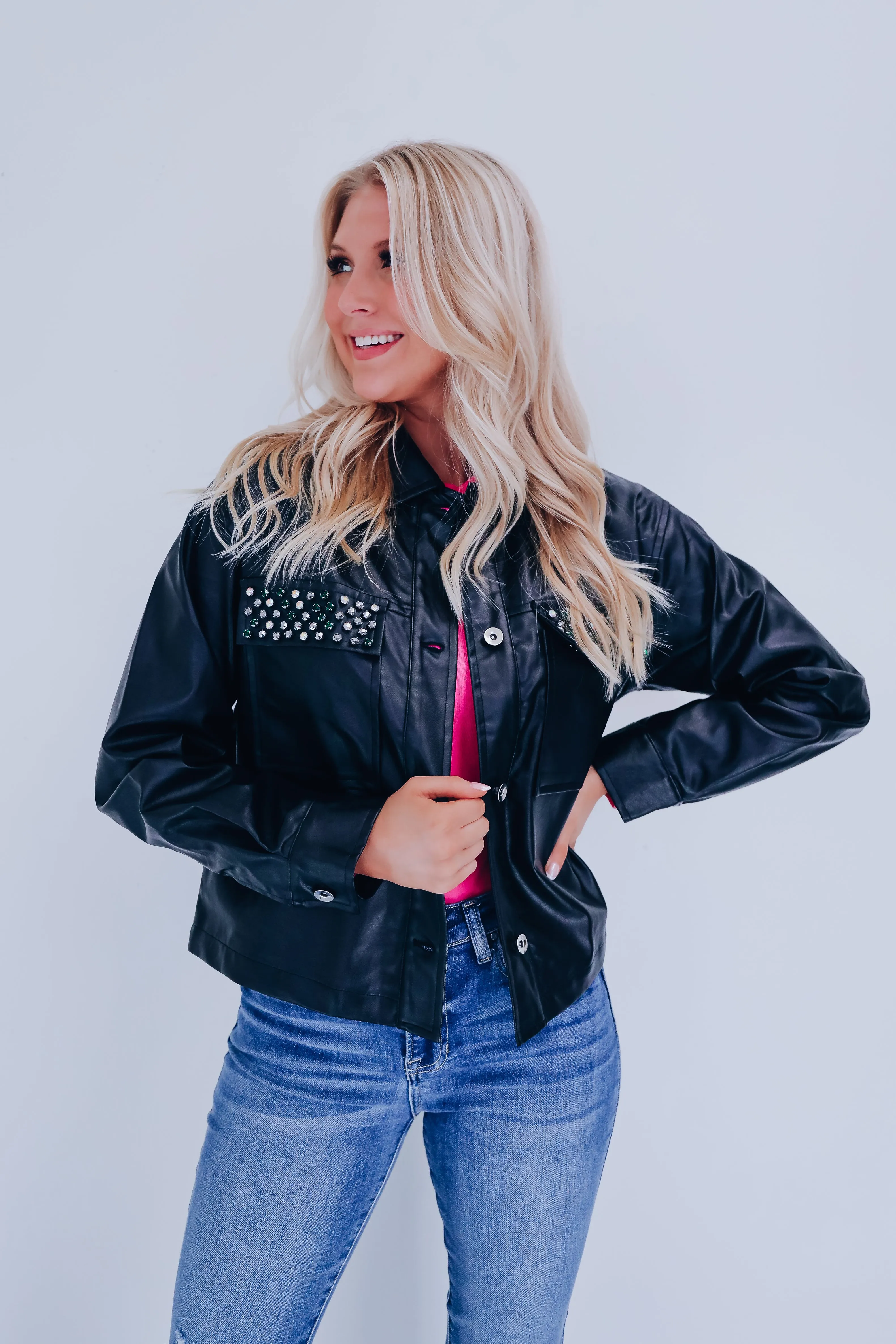 Jackie Jeweled Faux Leather Jacket - Black