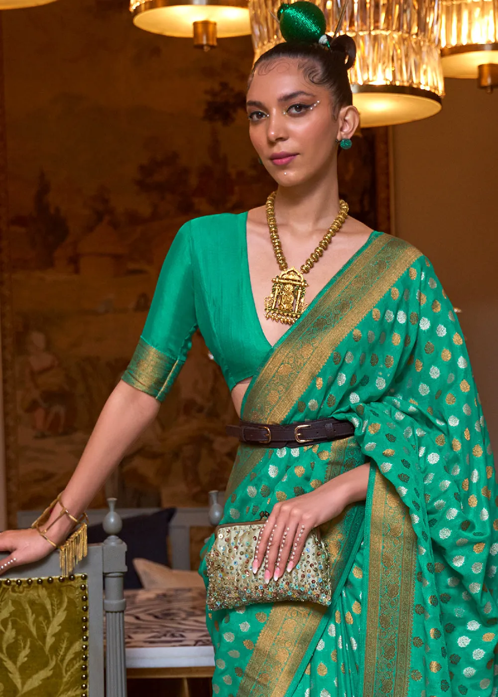 Jade Green Copper Zari Woven Banarasi Khaddi Silk Saree