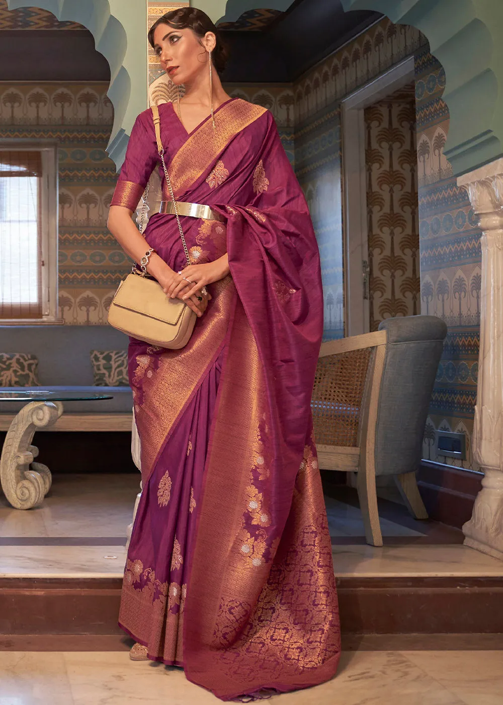 Jam Purple Copper Zari Woven Tussar Silk Saree