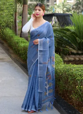 Kashmir Blue Saree in Pure Linen Copper Woven