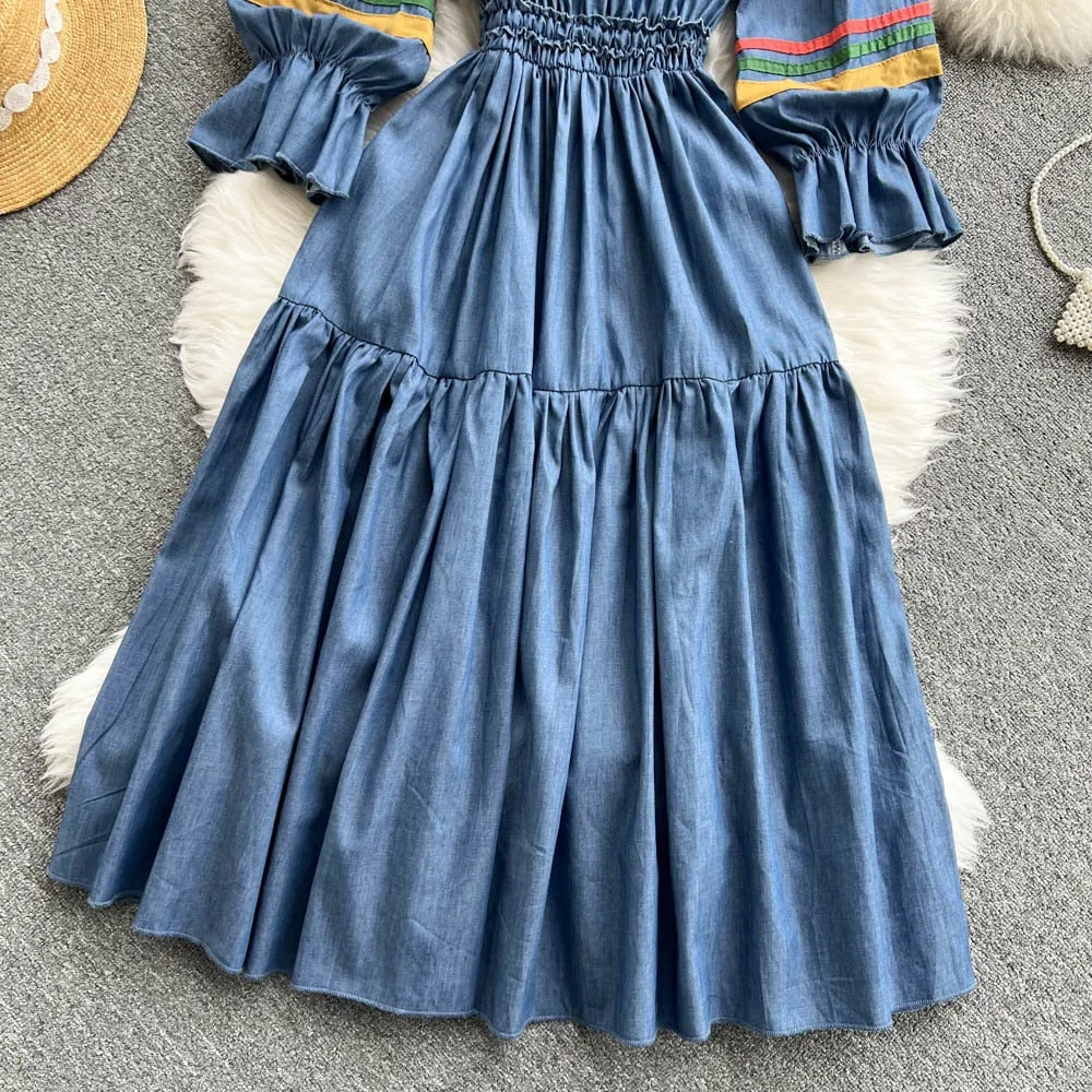 KittenAlarm - Quality Embroidered Denim Dress 2024 Summer Autumn National Korean Pleated A Line Long Sleeve Cowboy Dress Women Jeans Dress