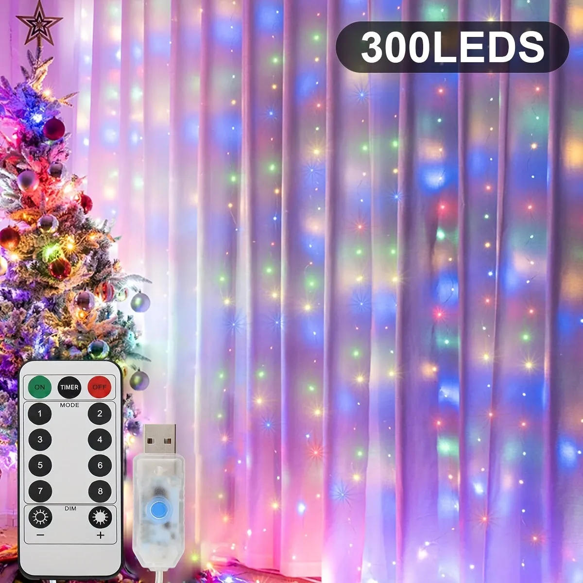 kkboxly 1pc 300/200/100 LED Curtain String Lights - Fairy Lights with Remote Control, 8 Modes, USB Plug in, Copper Wire, 298.7×298.7/201/100 Cm, for Bedroom Window, Christmas, Wedding, Party Decor