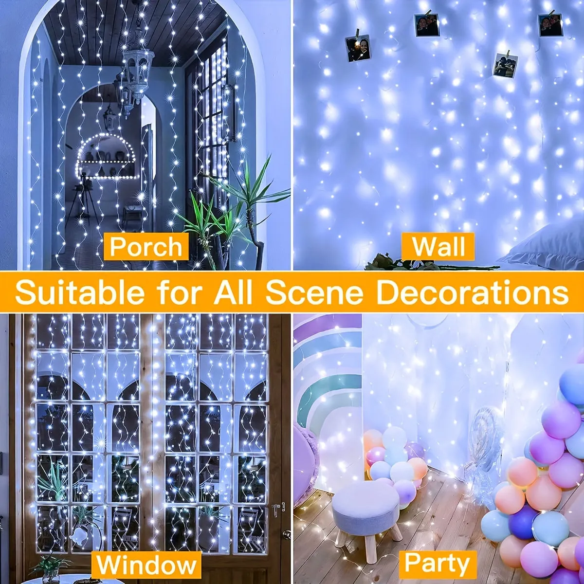 kkboxly 1pc 300/200/100 LED Curtain String Lights - Fairy Lights with Remote Control, 8 Modes, USB Plug in, Copper Wire, 298.7×298.7/201/100 Cm, for Bedroom Window, Christmas, Wedding, Party Decor