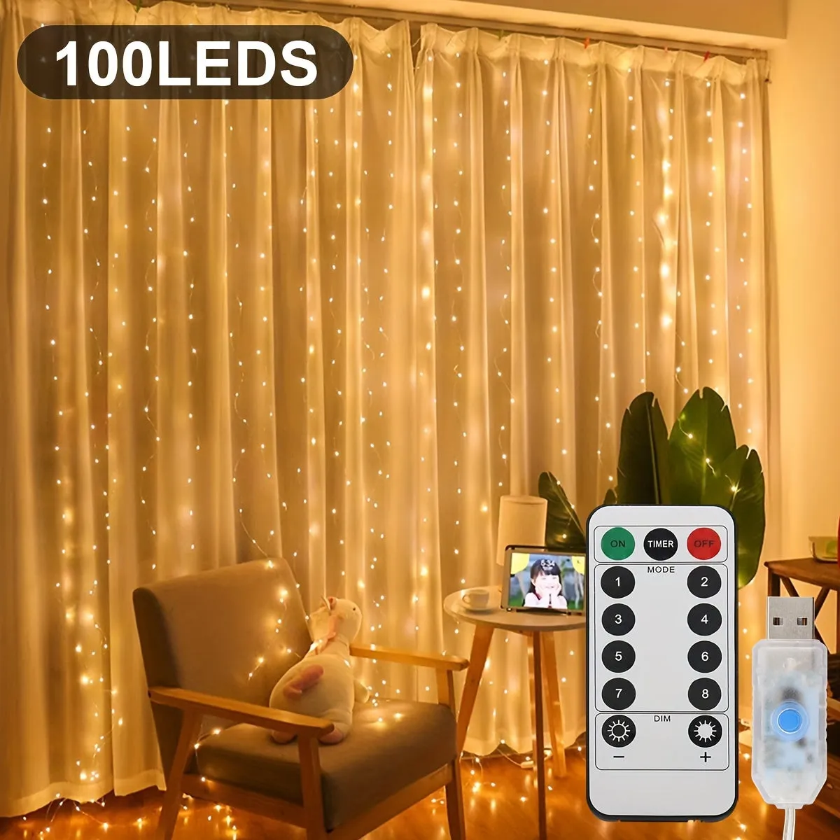 kkboxly 1pc 300/200/100 LED Curtain String Lights - Fairy Lights with Remote Control, 8 Modes, USB Plug in, Copper Wire, 298.7×298.7/201/100 Cm, for Bedroom Window, Christmas, Wedding, Party Decor