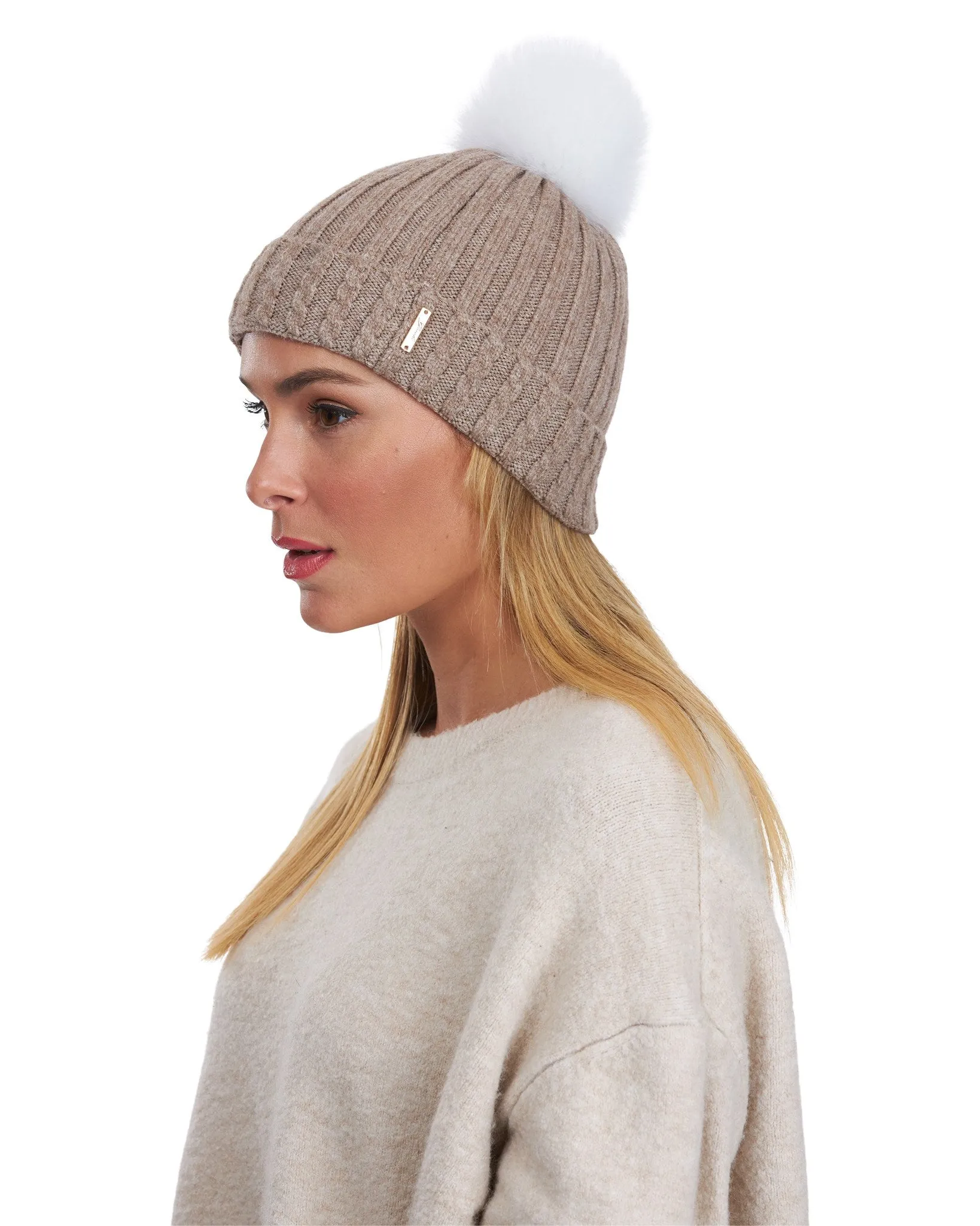 Knit Hat with Fox Pompom