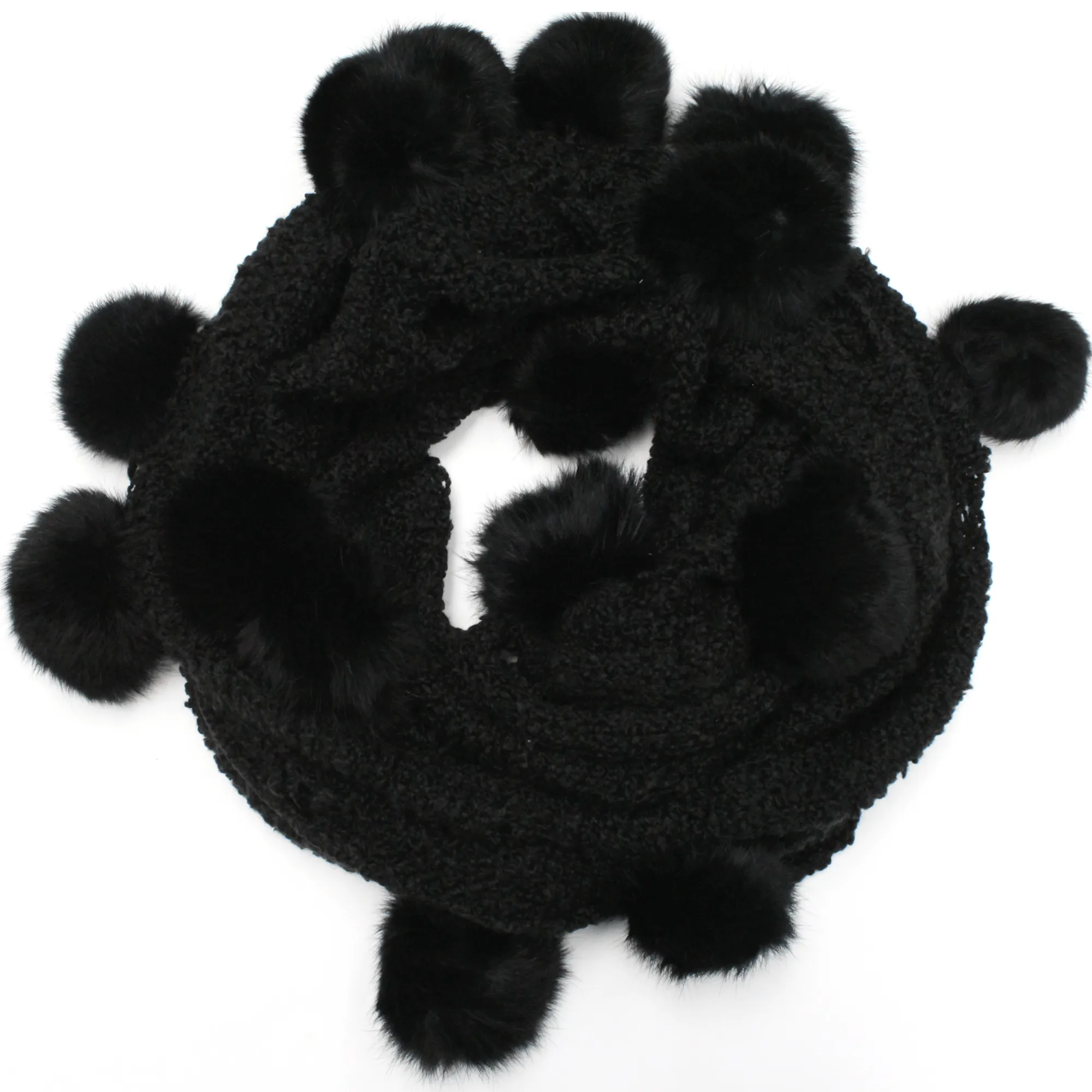 Knit Infinity Scarfw/ Rabbit Fur Pom Poms - Black