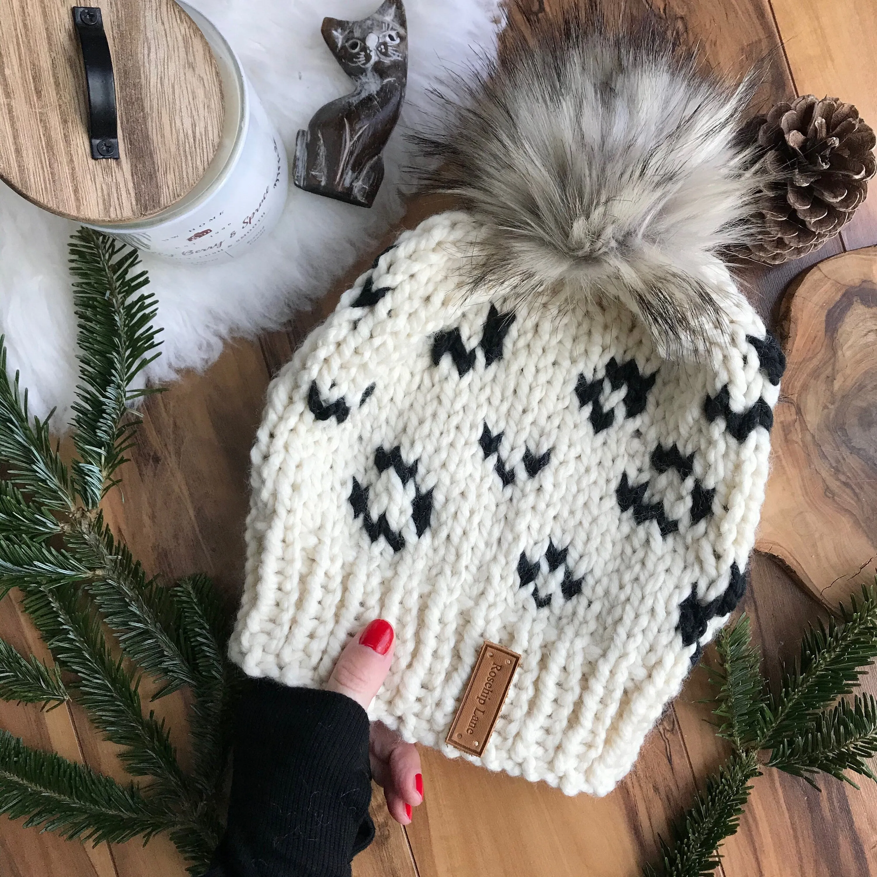 KNITTING PATTERN Animal Print Beanie, Women's Knit Animal Print Beanie Hat ,Faux Fur Pom Pom Beanie Hat, Cheetah Print Cap Warm Wool