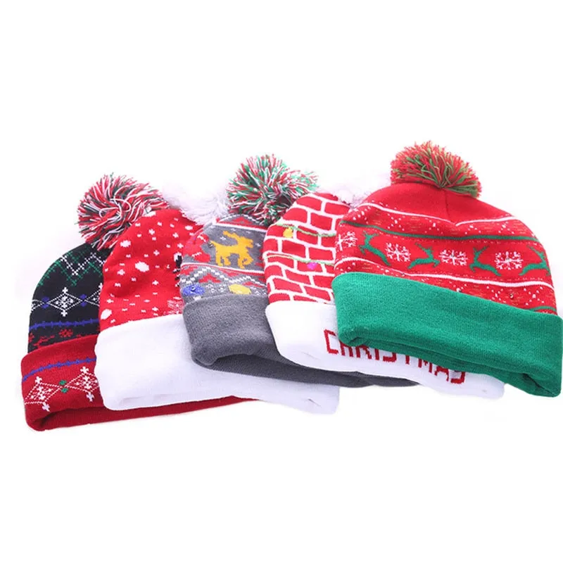 LED Knitted Christmas Hat Beanie Light Up Illuminate Warm Hat For Kids Adults New Year Christmas Decor