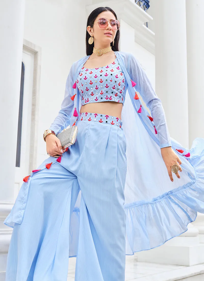 Light Blue Mirror Work Embroidery Cape Style Co-Ord Palazzo Set