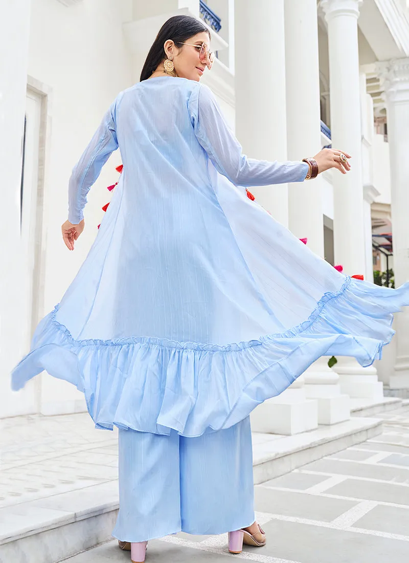 Light Blue Mirror Work Embroidery Cape Style Co-Ord Palazzo Set