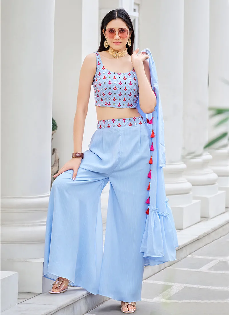 Light Blue Mirror Work Embroidery Cape Style Co-Ord Palazzo Set