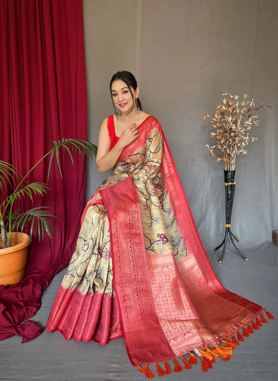 Light Brown Saree in Banarasi Silk with Kalamkari Prints