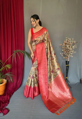 Light Brown Saree in Banarasi Silk with Kalamkari Prints