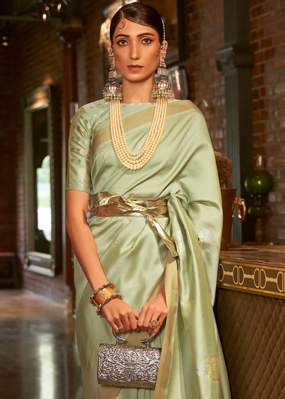 Light Green Copper Zari Woven Designer Silk Saree