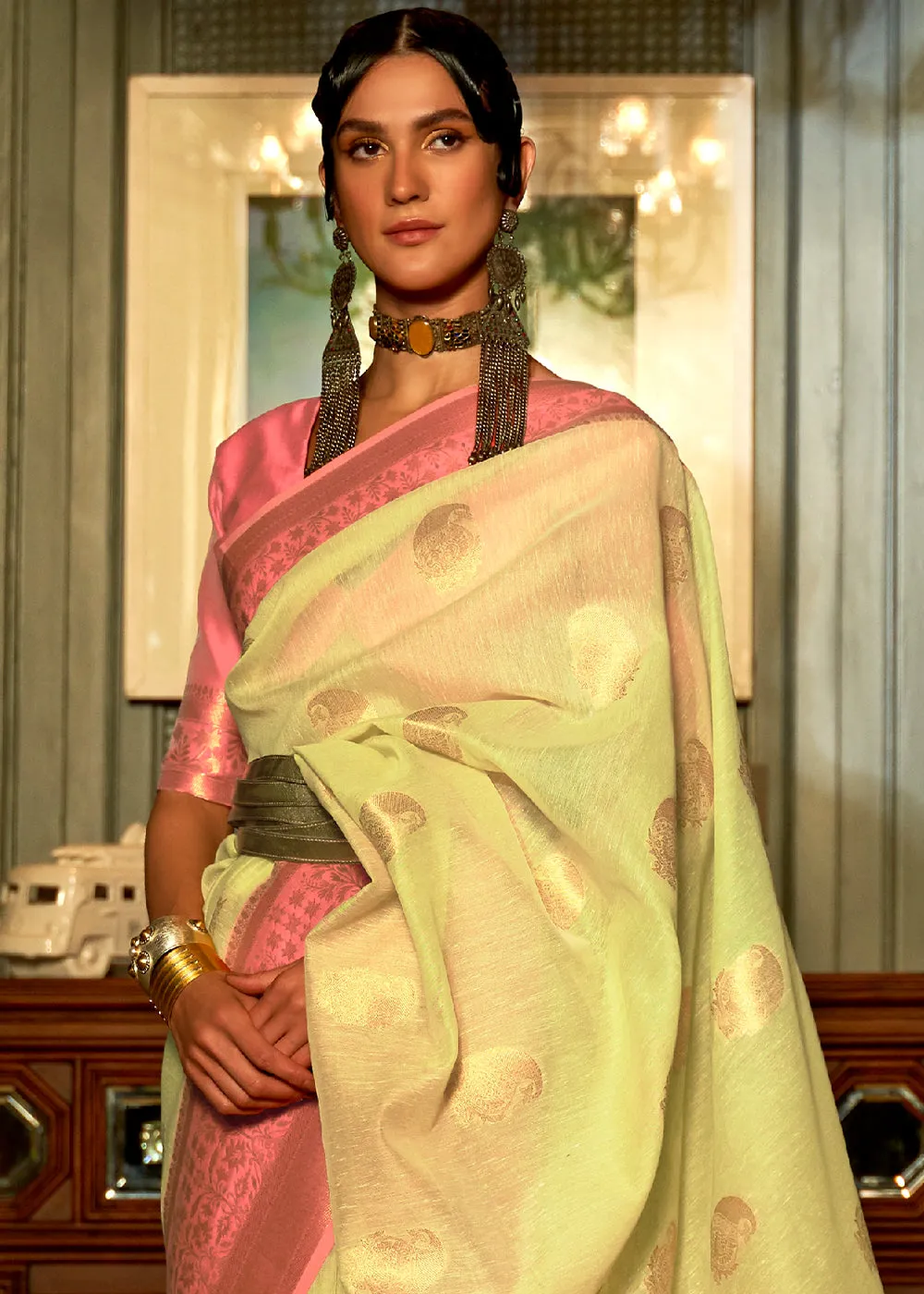 Light Lime Green Copper Zari Woven Linen Silk Saree