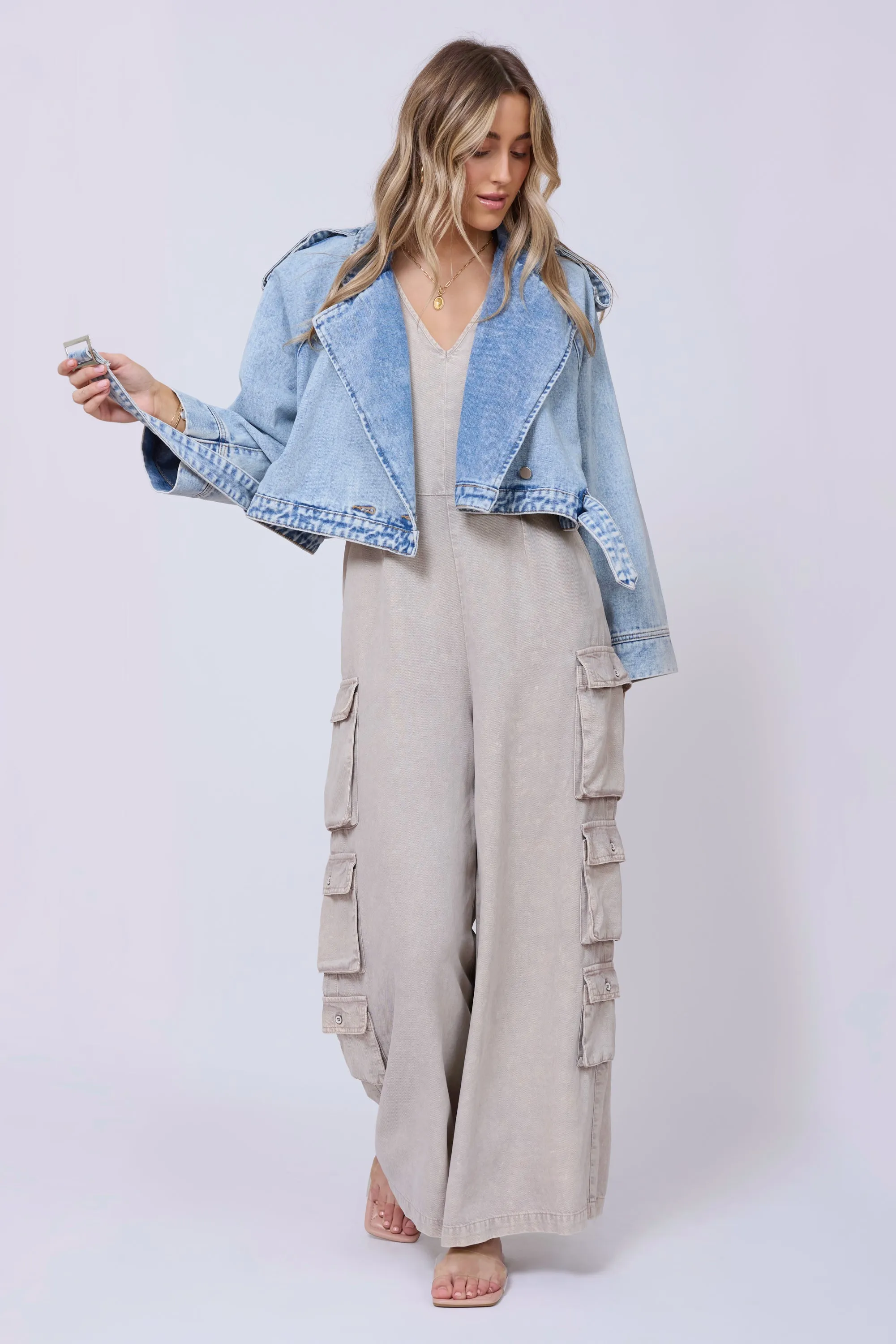 Light Wash Denim Cropped Moto Jacket