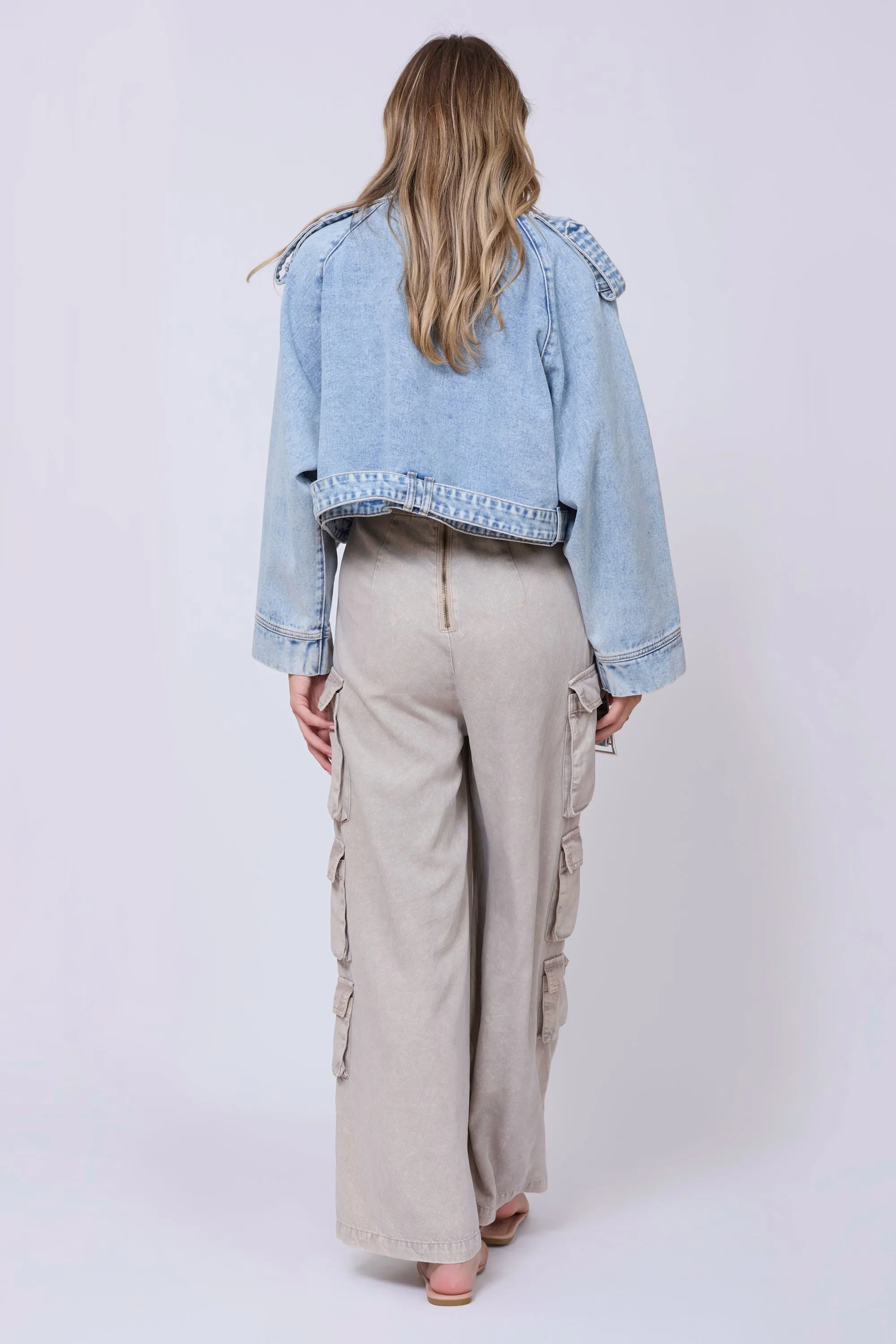 Light Wash Denim Cropped Moto Jacket