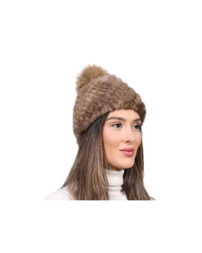 Lined Mink Fur Hat with Fox Pom in Camel and Brown