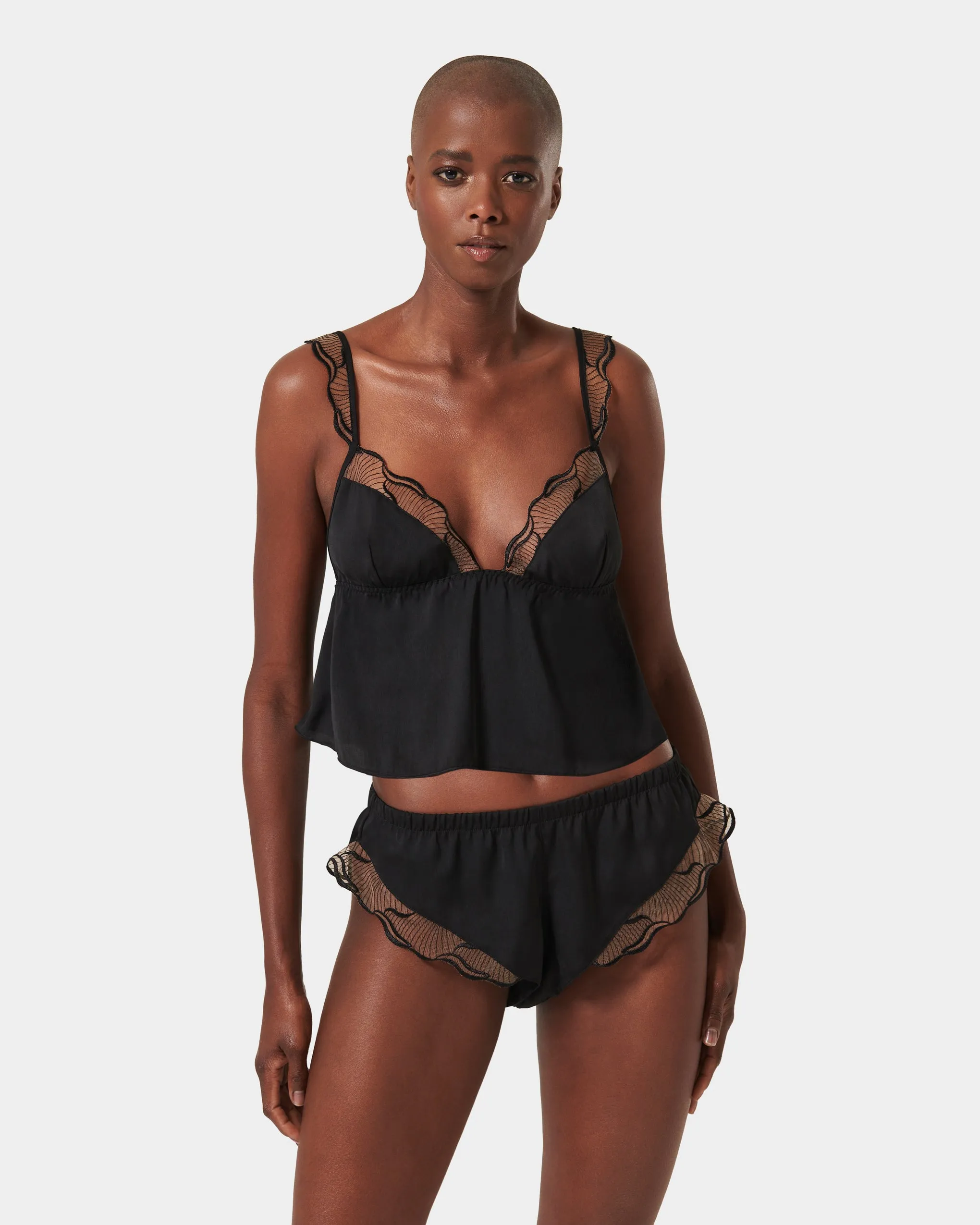 Marabel Luxury Satin Cami and Short Set Black/Sheer