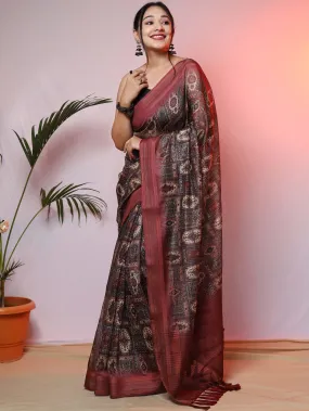 Maroon Printed Saree with Copper Zari Woven Border