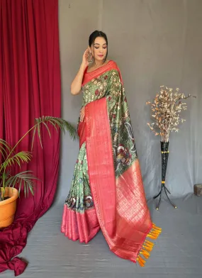 Mehendi Green Saree in Banarasi Silk with Kalamkari Prints