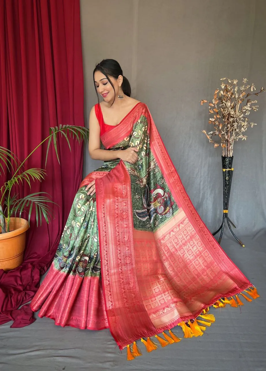 Mehendi Green Saree in Banarasi Silk with Kalamkari Prints