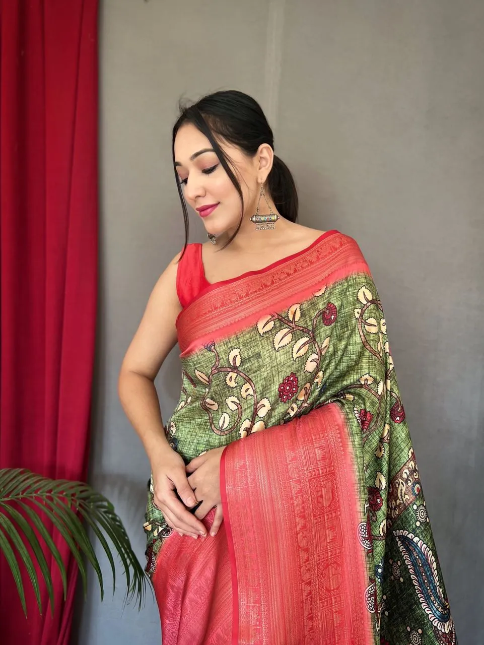 Mehendi Green Saree in Banarasi Silk with Kalamkari Prints