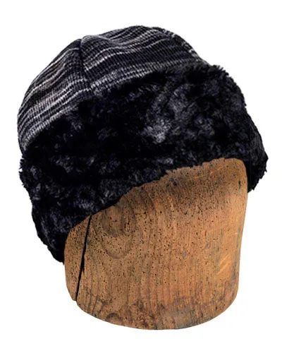 Men's Beanie Hat, Reversible - Sweet Stripes in Blackberry Cobbler with Assorted Faux Fur