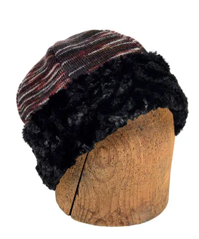 Men's Beanie Hat, Reversible - Sweet Stripes in Cherry Cordial with Assorted Faux Fur