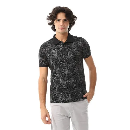 Men's Black and Grey Jacquard Polo -  Casual Wear