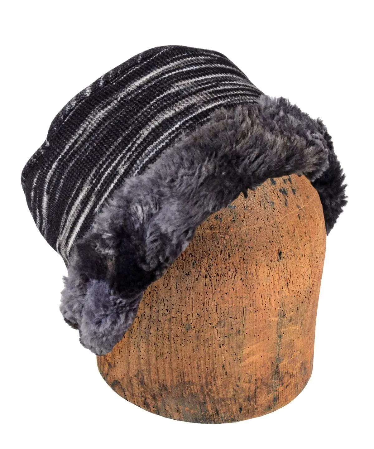 Men's Cuffed Pillbox, Reversible (Two-Tone) - Sweet Stripes in Blackberry Cobbler with Assorted Faux Fur