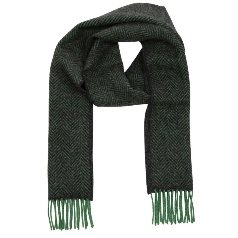 Merino and Cashmere Scarf - Charcoal and Green Herringbone - John Hanly