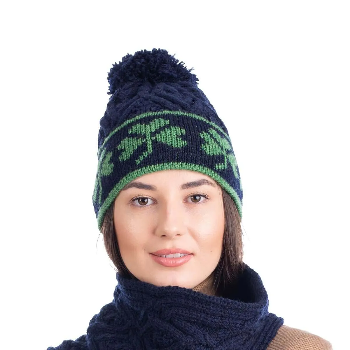 Merino Wool Shamrock Bobble Aran Hat