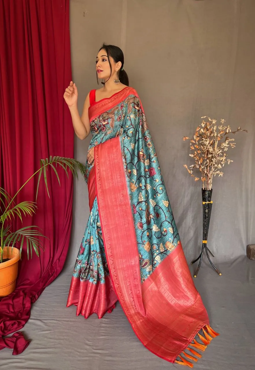 Metallic Blue Saree in Banarasi Silk with Kalamkari Prints