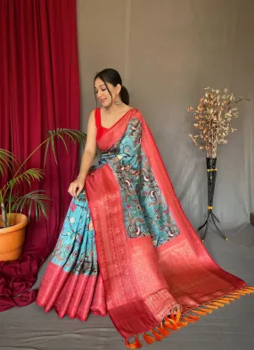 Metallic Blue Saree in Banarasi Silk with Kalamkari Prints