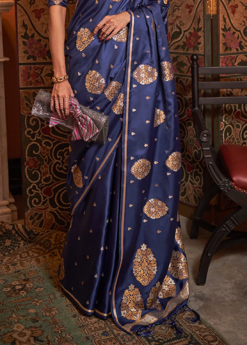 Midnight Blue Copper Zari Woven Satin Silk Saree