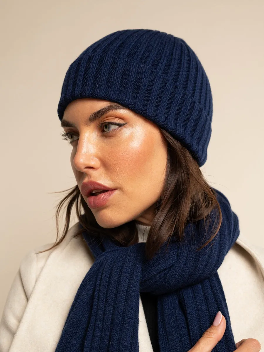 Milano (navy blue) - 100% cashmere ribbed beanie (unisex)