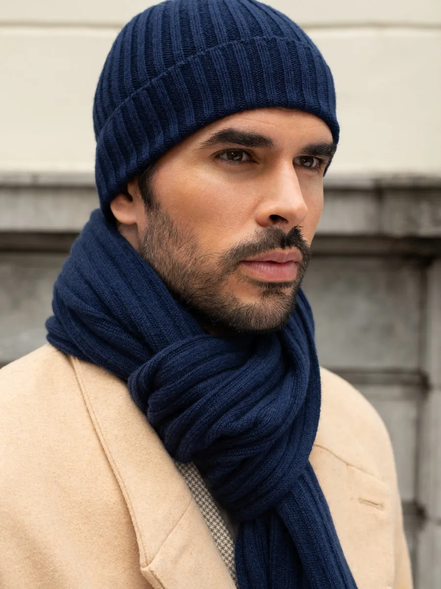 Milano (navy blue) - 100% cashmere ribbed beanie (unisex)