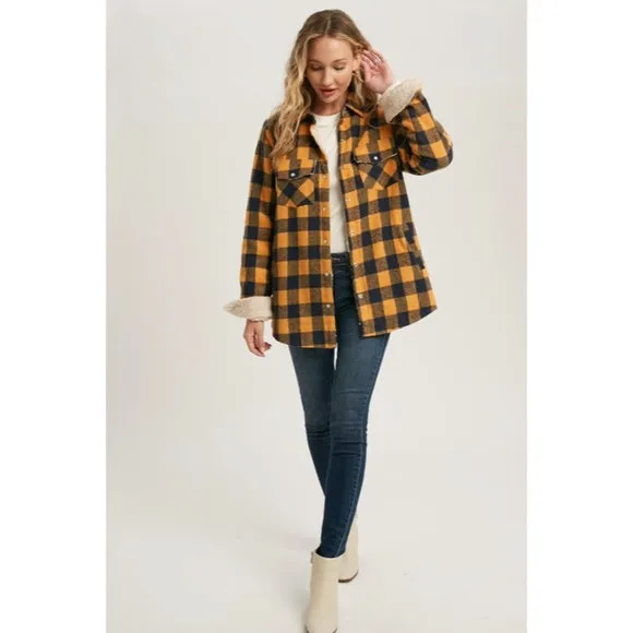 Mustard Buffalo Plaid Checkered Sherpa Lined Shacket Shirt Jacket Casual Womens