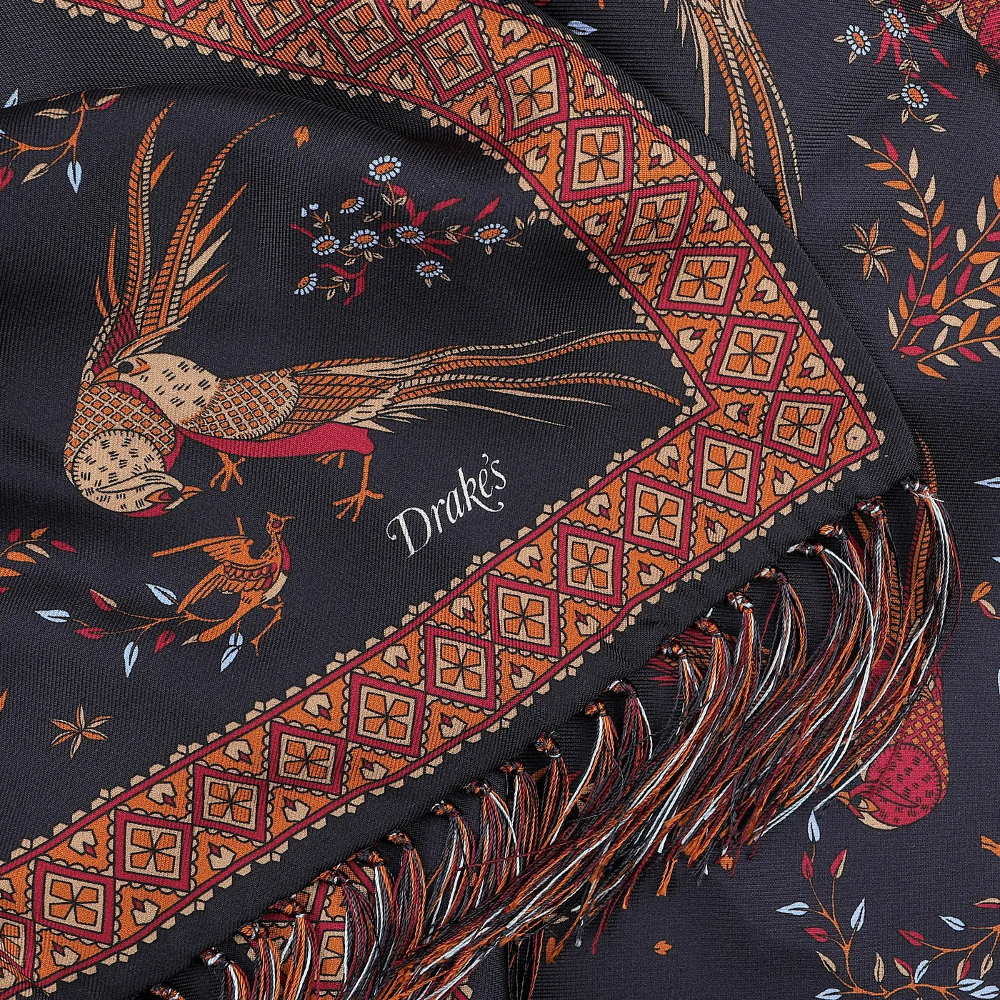 Navy Birds of Paradise Print Tubular Silk Scarf