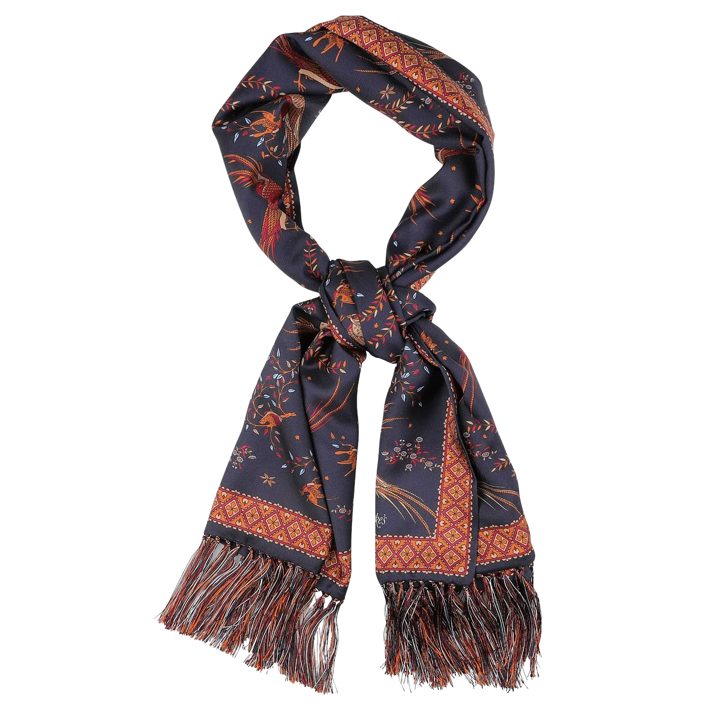 Navy Birds of Paradise Print Tubular Silk Scarf