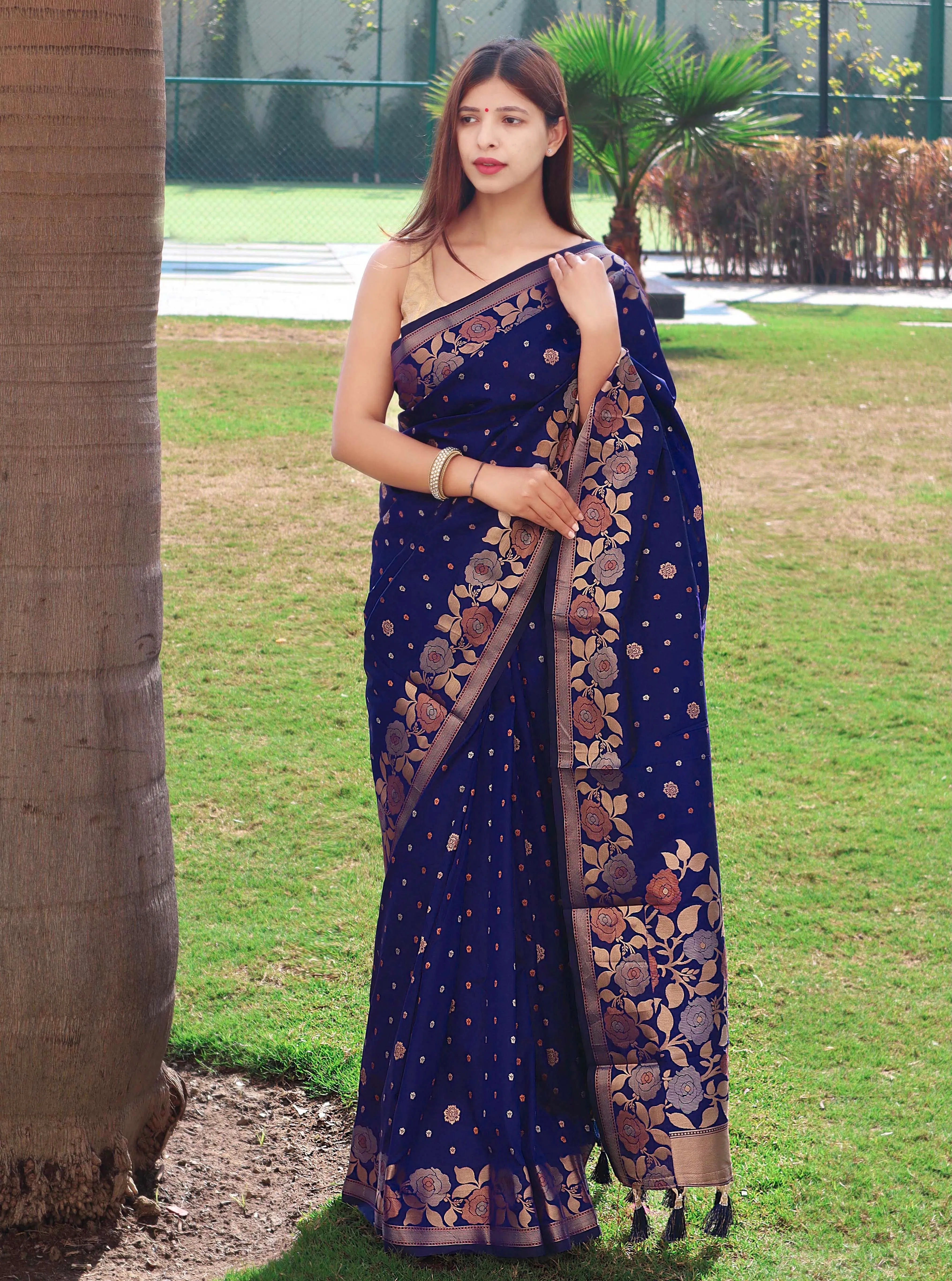 Navy Blue Saree in Soft Silk with Floral Woven Border and Pallu