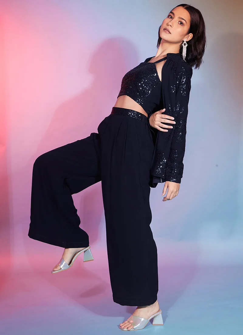 Navy Blue Sequence Embellished Co-Ord Style Pant Suit