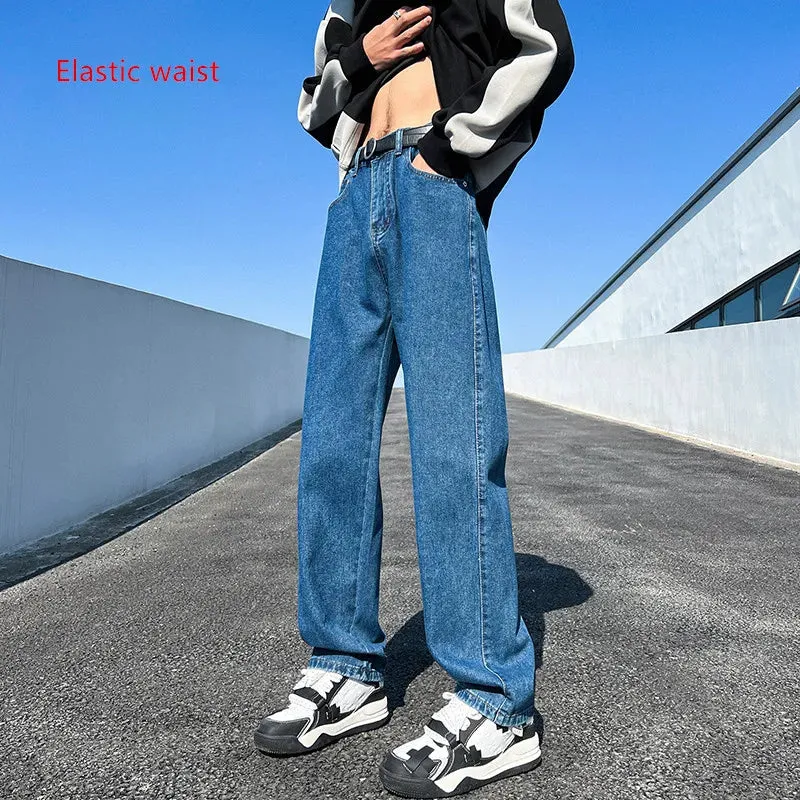 New Men's Denim Wide-leg Pants Korean Style Straight Loose Jeans Street Hip-hop Daily Casual Student Trousers Black Gray Blue