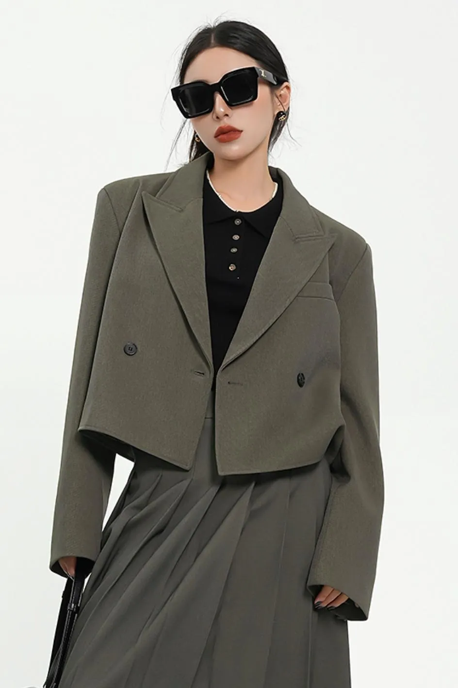 Olive Green Oversized Blazer - Double-Breasted Cropped Suit Jacket