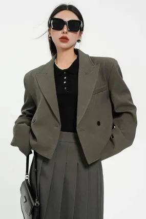 Olive Green Oversized Blazer - Double-Breasted Cropped Suit Jacket