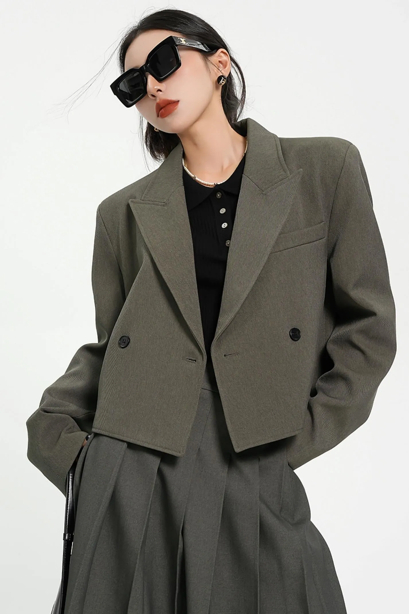 Olive Green Oversized Blazer - Double-Breasted Cropped Suit Jacket